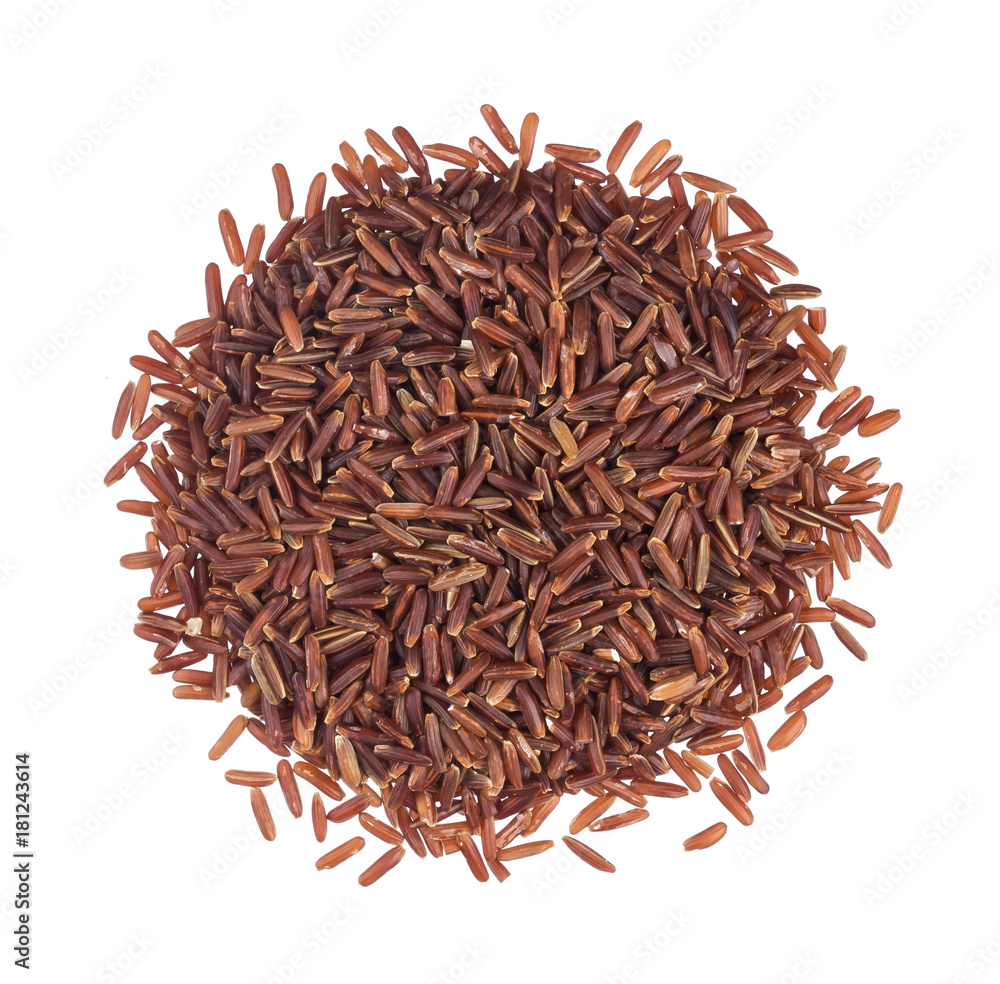 Pile of red rice groats isolated on white background. Top view Pile of red rice groats isolated on white background. Top view