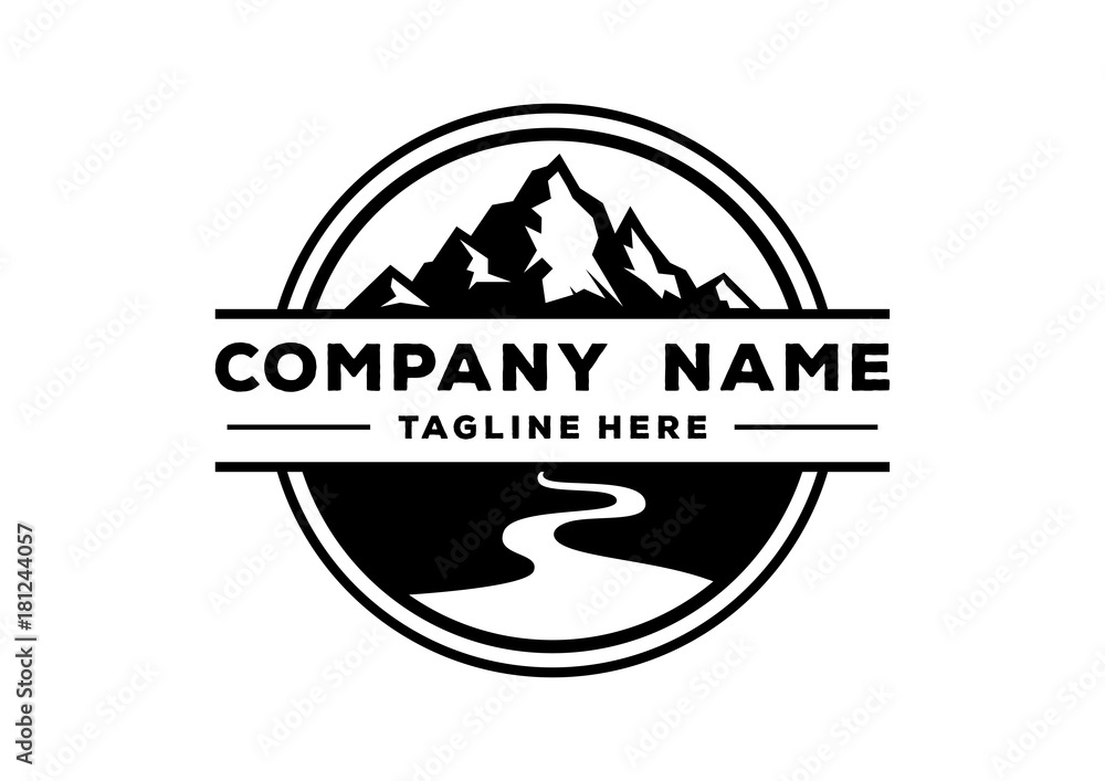 Naklejka premium Black Mountain Nature z River Circle Stempel z logo firmy Vintage