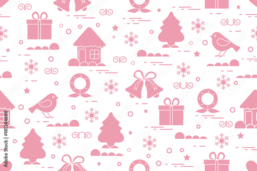 Winter seamless pattern with variety Christmas elements: christmas tree, gift, christmas wreath, bells and other.