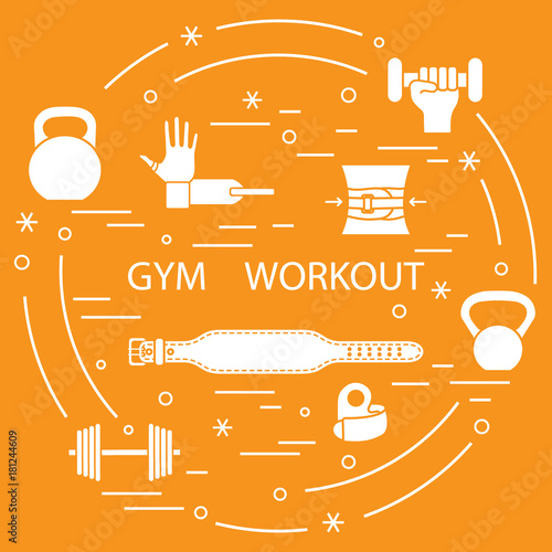 Powerlifting gym workout elements arranged in a circle.