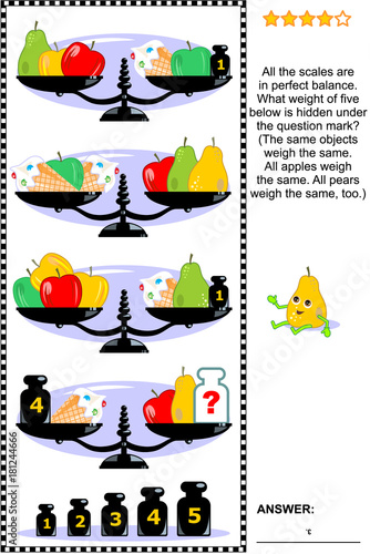 IQ training visual math puzzle with scales, weights,apples, pears and ice cream cones: What weight of five below is hidden under the question mark? Suitable both for children and adults. 