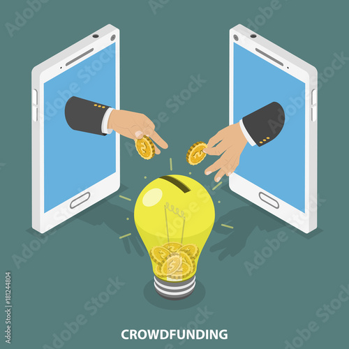 Crowdfunding flat isometric vector concept. Two hands appeared from smartphones and throwing coins into money box that looks like a big light bulb.