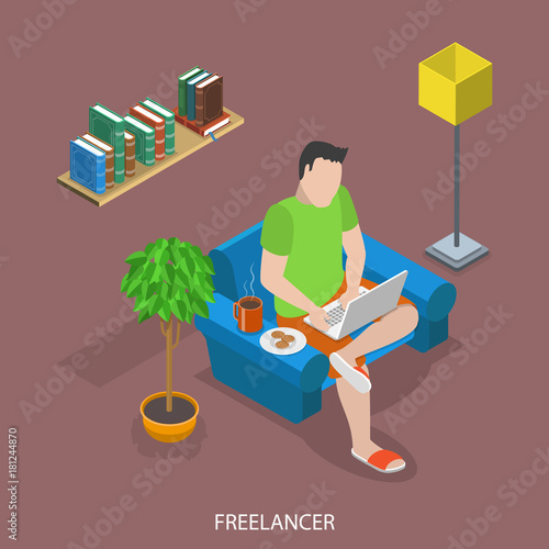 Freelancer flat isometric vector concept. Man is working remotly at home sitting in an armchair with tea and cookies.