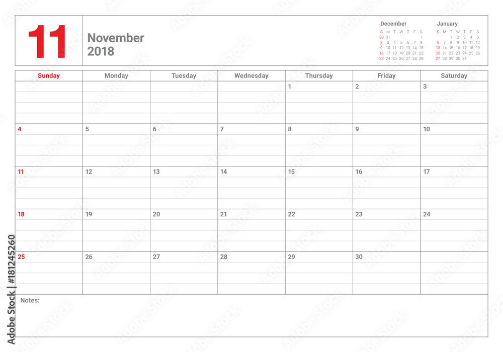 November 2018 planner calendar vector illustration November 2018 planner calendar vector illustration