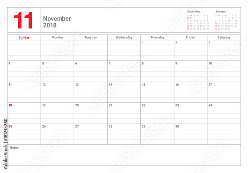 November 2018 planner calendar vector illustration