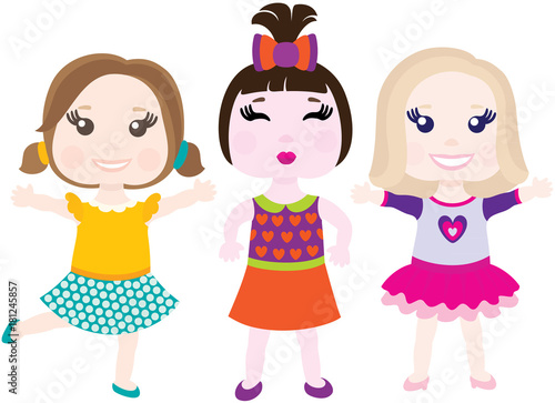 Vector illustration of three little smiling girls