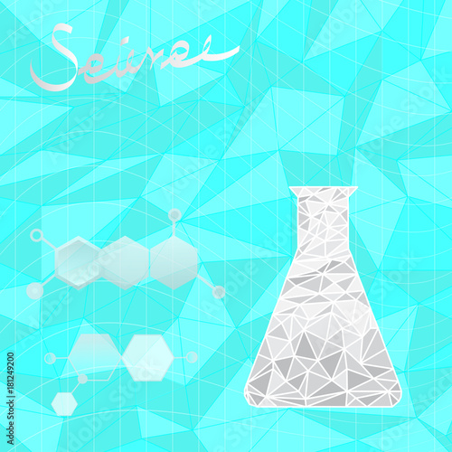 grey polygonal flask and chemical structure with science letter on light blue vector background