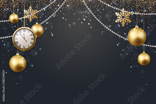 vector illustration of christmas 2017 background with christmas ball star snowflake confetti gold and black colors