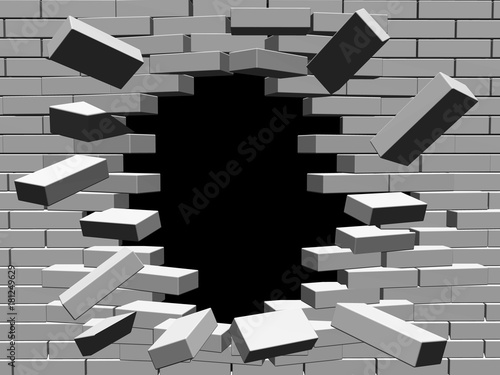 Breaking brick wall with hole.