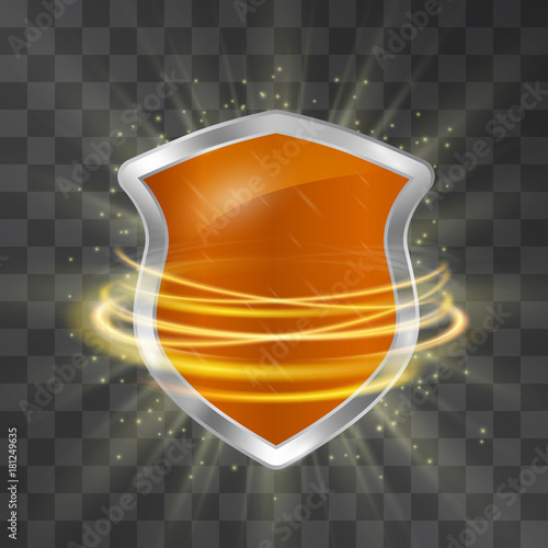 Protection icon vector shield with fire swirling stormy winds around it on transparent background. Guarantee and safety metallic symbol template in hi-tech style. Power, strength, resistance sign.