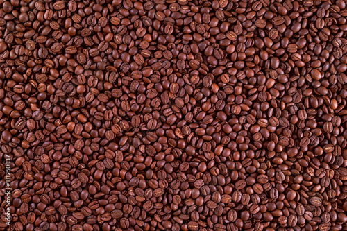 Roasted coffee beans on a flat background.