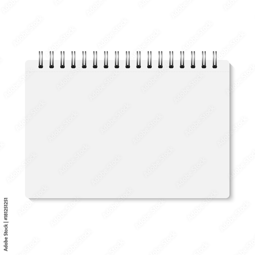 Vector white realistic closed spiral bound notebook. Horizontal blank copybook with metallic silver spiral. Template (mock up) of organizer or diary isolated. Notepad. A5 Vector white realistic closed spiral bound notebook. Horizontal blank copybook with metallic silver spiral. Template (mock up) of organizer or diary isolated. Notepad. A5