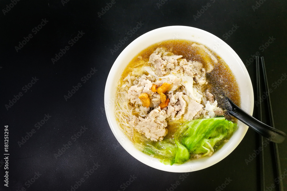 Overhead view vermicelli pork noodle soup popular food Penang Malaysia Overhead view vermicelli pork noodle soup popular food Penang Malaysia
