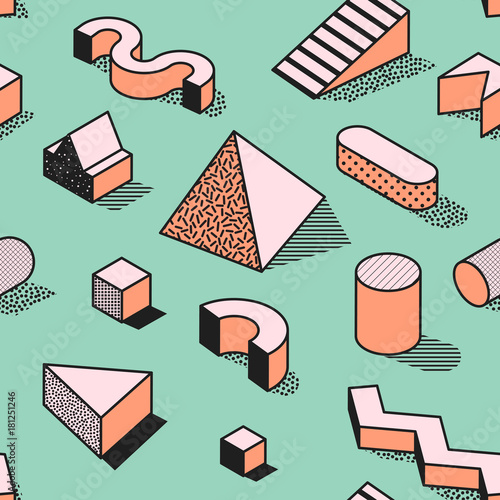 Trendy Abstract Memphis Seamless Pattern with 3d Geometric Shapes