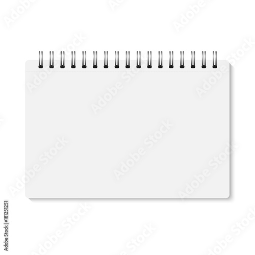 Vector white realistic closed spiral bound notebook. Horizontal blank copybook with metallic silver spiral. Template (mock up) of organizer or diary isolated. Notepad. A5
