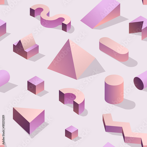 Trendy Abstract Memphis Seamless Pattern with 3d Geometric Shapes. Fashion Background for Textile, Print, Cover, Poster. Vector illustration
