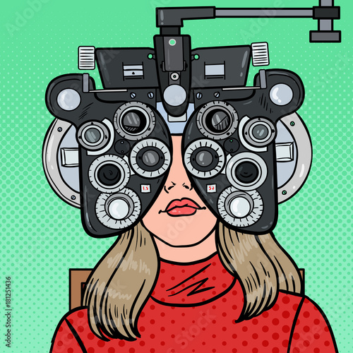 Pop Art Woman Patient at Optometric Clinic with Optical Phoropter. Eye Exam. Vector illustration