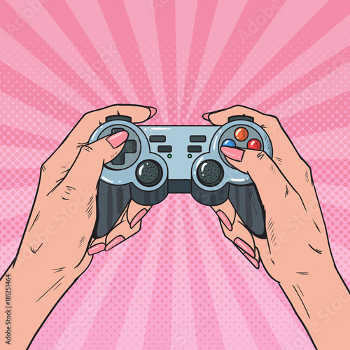 Pop Art Woman Holding Gamepad. Female Hands with Joystick Console. Video Game. Vector illustration