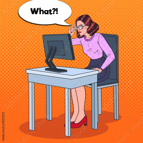 Pop Art Young Weak-Eyed Business Woman Working at the Computer. Vector illustration