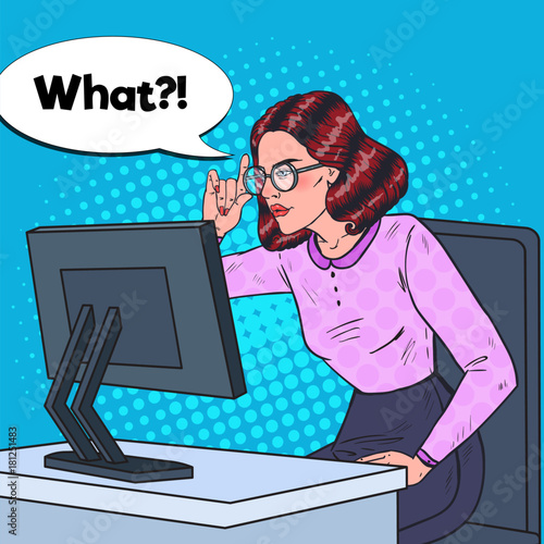Pop Art Young Weak-Eyed Business Woman in Eyeglasses Working at the Computer. Vector illustration