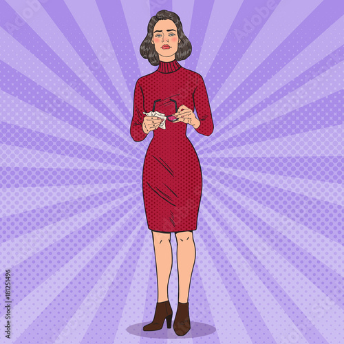 Pop Art Beautiful Woman Cleaning his Eyeglasses with Rag. Vector illustration