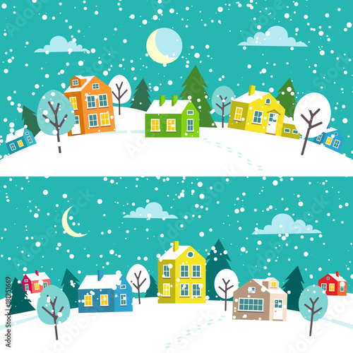 Winter Christmas town. Snowy village landscape. Merry Christmas and Happy New Year card and banner. Vector flat cartoon illustration.