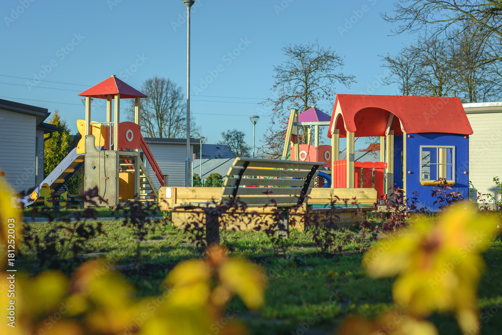 Brand new playground finished for the kindergarten. Wooden play houses, various attractions for kids to enjoy.