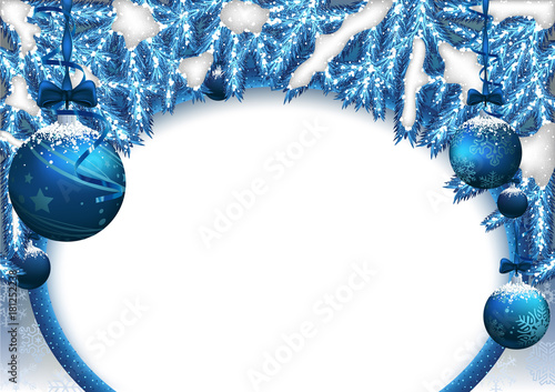 Blue Christmas Background with Baubles and Coniferous Branches - Festive Snow...