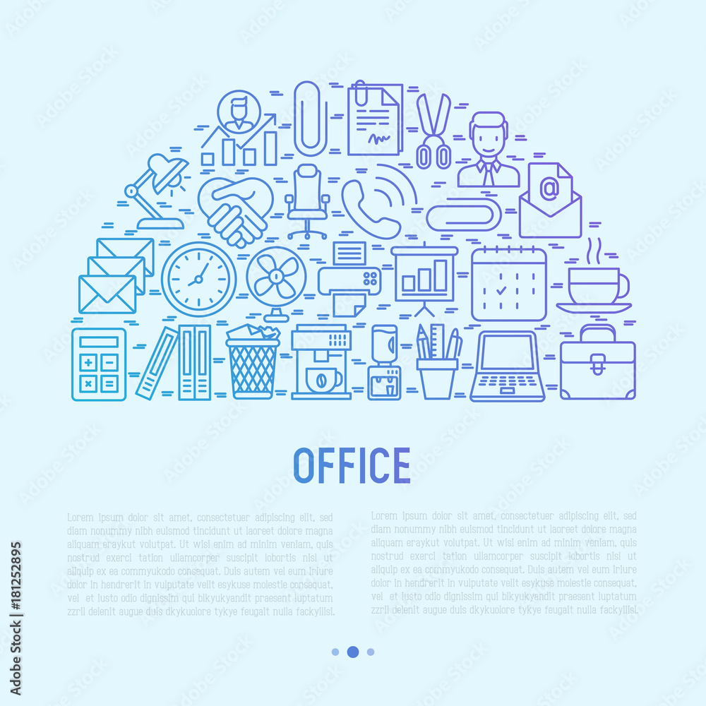 Office concept in half circle with thin line icons of manager, coffee machine, chair, career growth, e-mail, folders, watercooler, lamp. Vector illustration for banner, web page, print media.