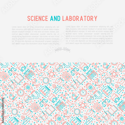 Science and laboratory concept with thin line icons of scientist, dna, microscope, scales, magnet, respirator, spirit lamp. Vector illustration for banner, web page, print media.