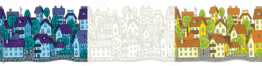 City seamless pattern set with houses and roofs