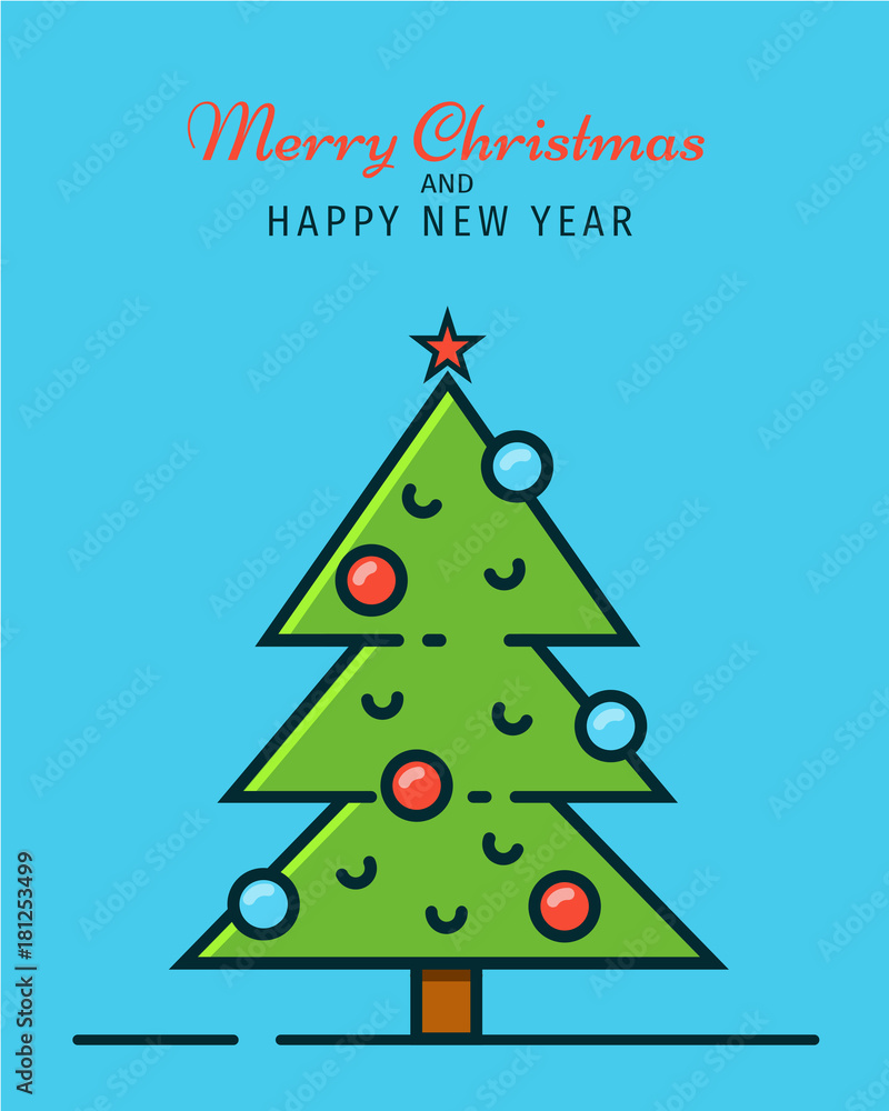 Christmas and New Year invitation and greeting card template, poster, banner concept. Vector illustration if Christmas tree with decoration in flat color line design. Christmas and New Year invitation and greeting card template, poster, banner concept. Vector illustration if Christmas tree with decoration in flat color line design.