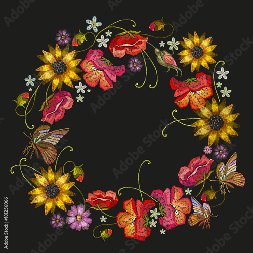 Embroidery wreath of flowers. Fashion template for clothes, textiles, t-shirt design. Classical embroidery red roses, peonies, sunflowers, butterflies