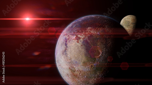 Fototapeta Naklejka Na Ścianę i Meble -  alien planet with moon orbiting a distant red star