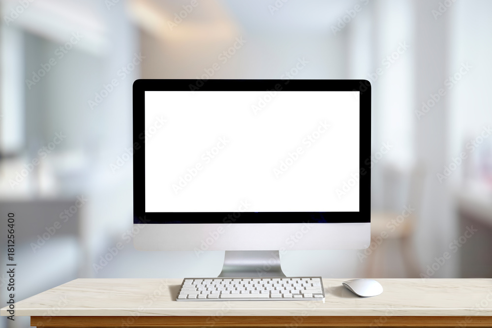 Mock up Desktop Computer on wood desk in office background. Blank screen and copy space for graphic and products display montage. Mock up Desktop Computer on wood desk in office background. Blank screen and copy space for graphic and products display montage.