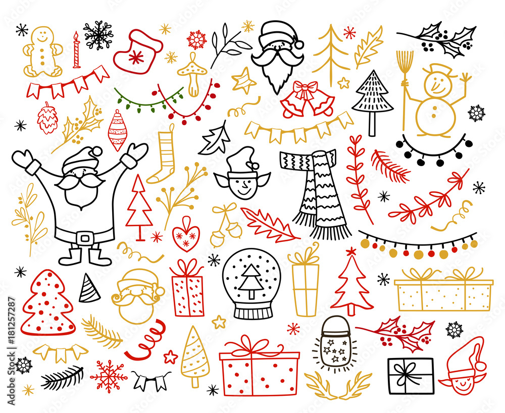 Big set of Christmas design element in doodle style. Winter holiday vector illustration Big set of Christmas design element in doodle style. Winter holiday vector illustration