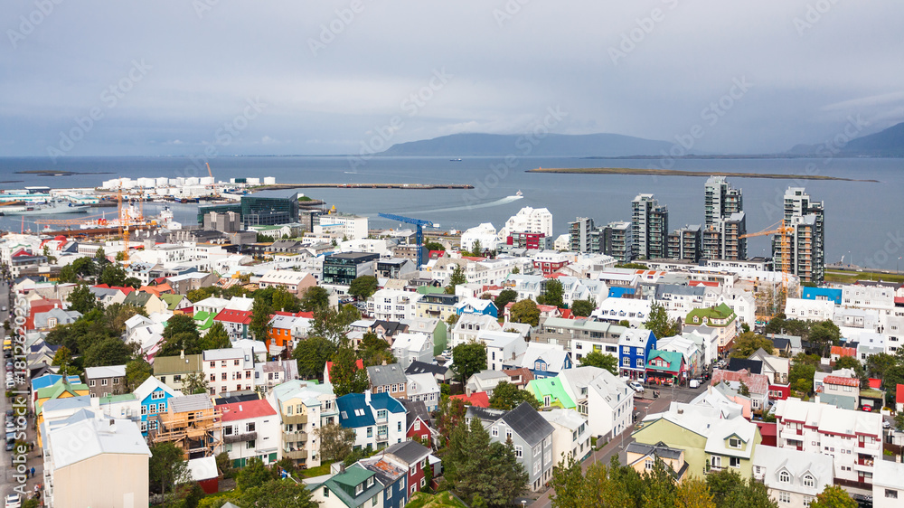 aerial view of Reykjavik city with harbor