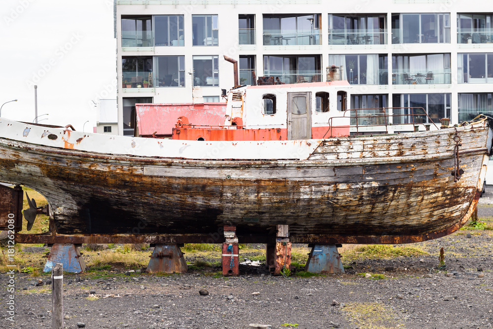 old ship on street in Reykjavik city old ship on street in Reykjavik city