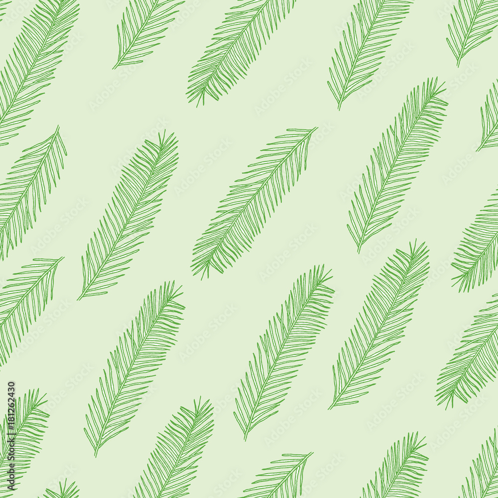 Seamless pattern with Christmas tree branch on green.  illustration