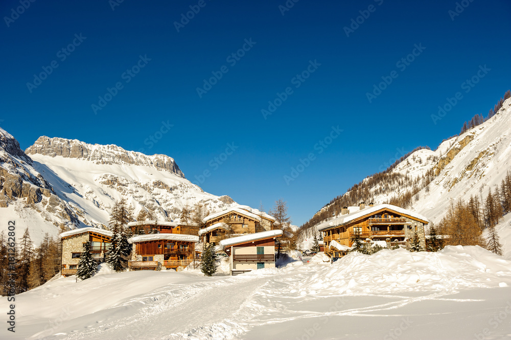 Alpine winter mountain landscape. French Alps with snow. Alpine winter mountain landscape. French Alps with snow.