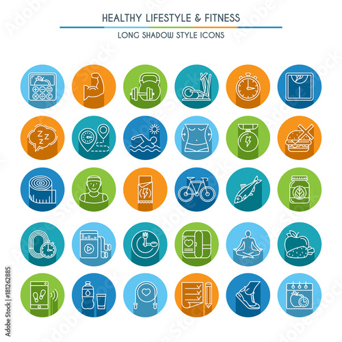 Healthy lifestyle long shadow icons