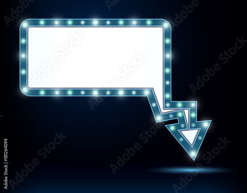 Shining retro light sign board. Vintage bright billboard with arrow.