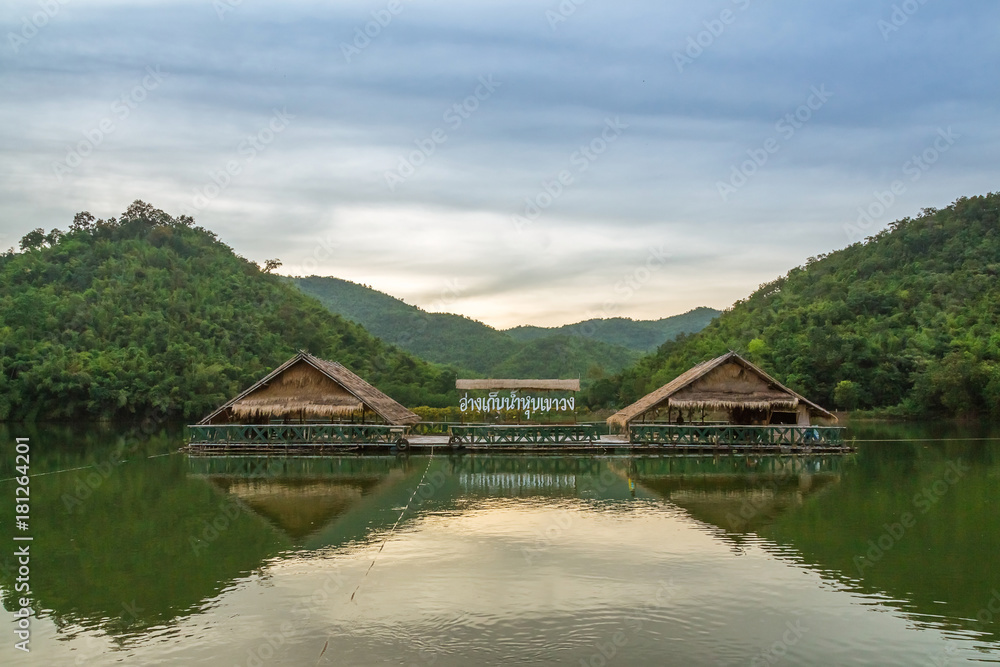 Public reservoir There are rafts and mountains behind.Location Khao wong reservoir, Suphan Buri, Thailand Public reservoir There are rafts and mountains behind.Location Khao wong reservoir, Suphan Buri, Thailand