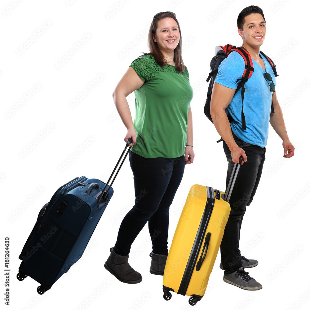 Junge Leute Menschen ziehen Koffer Reise reisen verreisen Urlaub jung  lachen Freisteller Stock-Foto | Adobe Stock