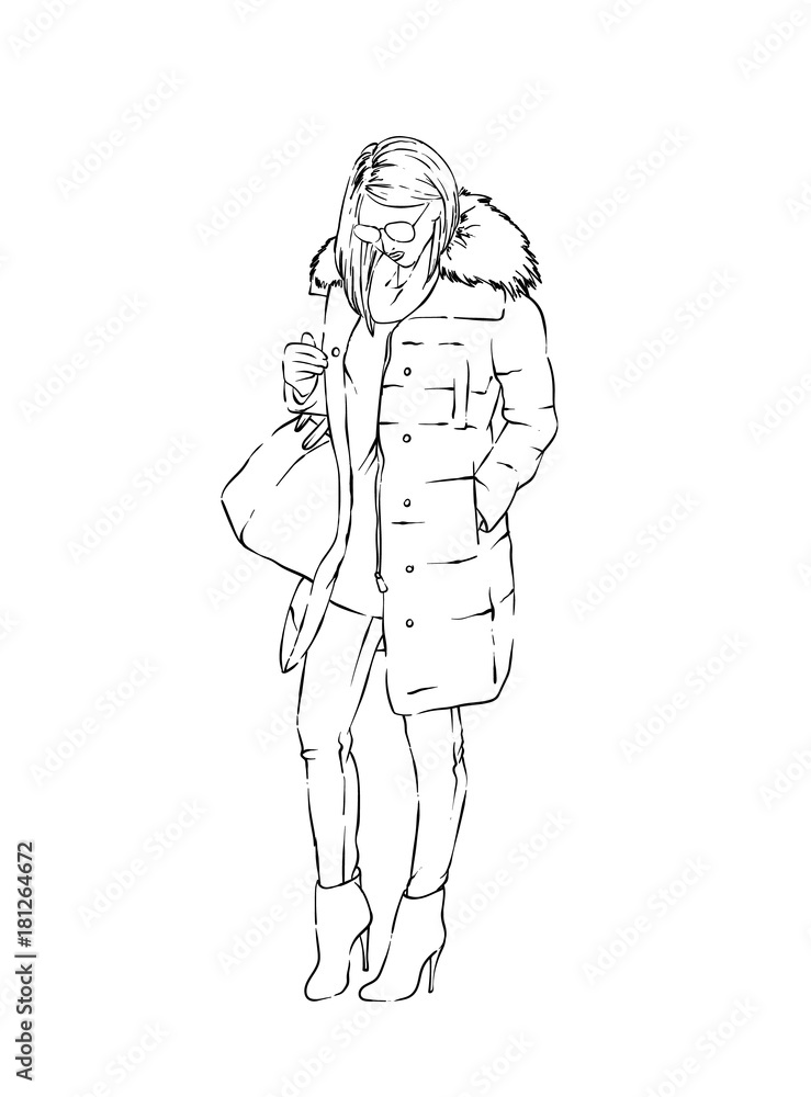Stylish girl in a trendy winter coat, boots and with a bag. Vector illustration. Fashion skatech. Clothes and accessories.