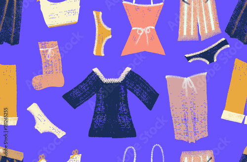 Colorful hanging clothes seamless pattern. Creative and modern graphic design. Vibrant colors. Hand drawn brushstrokes texture.