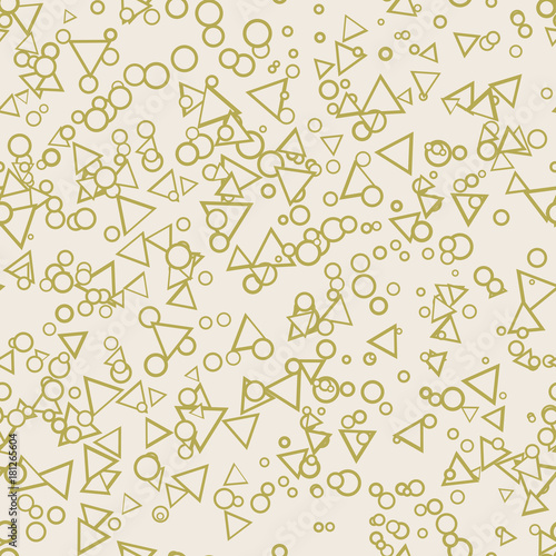 Abstract seamless pattern with chaotic small circles, triangles, rings on beige. Infinity messy geometric pattern. Memphis style. Vector illustration. 