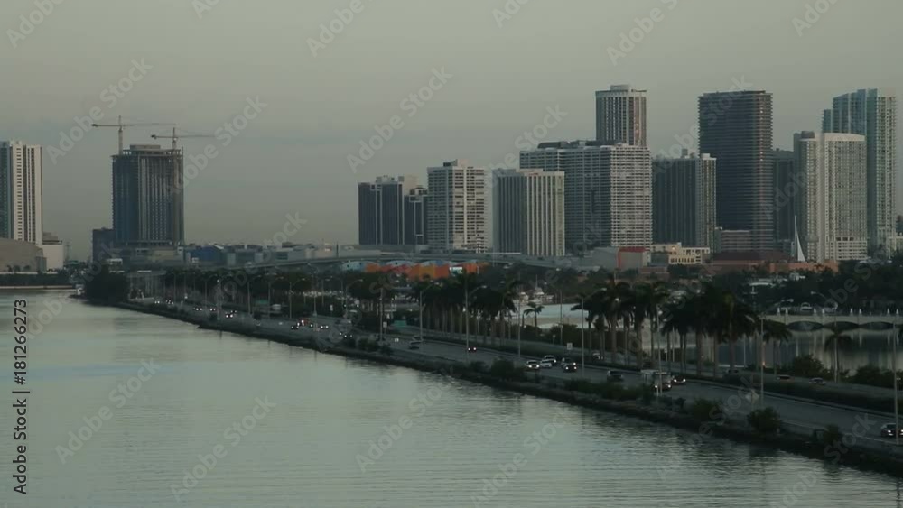 MIAMI, FL, USA - SEPTEMBER 12, 2017: Miami after Hurricane Irma, Beautiful panorama view of Miami, footage from cruise ship MIAMI, FL, USA - SEPTEMBER 12, 2017: Miami after Hurricane Irma, Beautiful panorama view of Miami, footage from cruise ship
