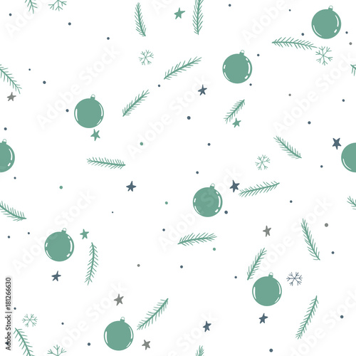Seamless pattern with christmas decorations, branches, stars and snowflakes