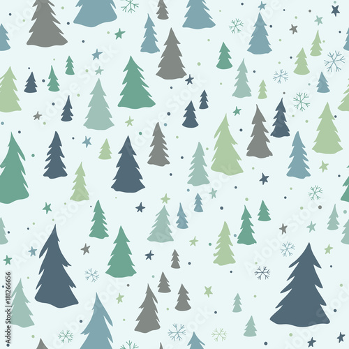 Christmas seamless pattern with trees, snowflakes and stars